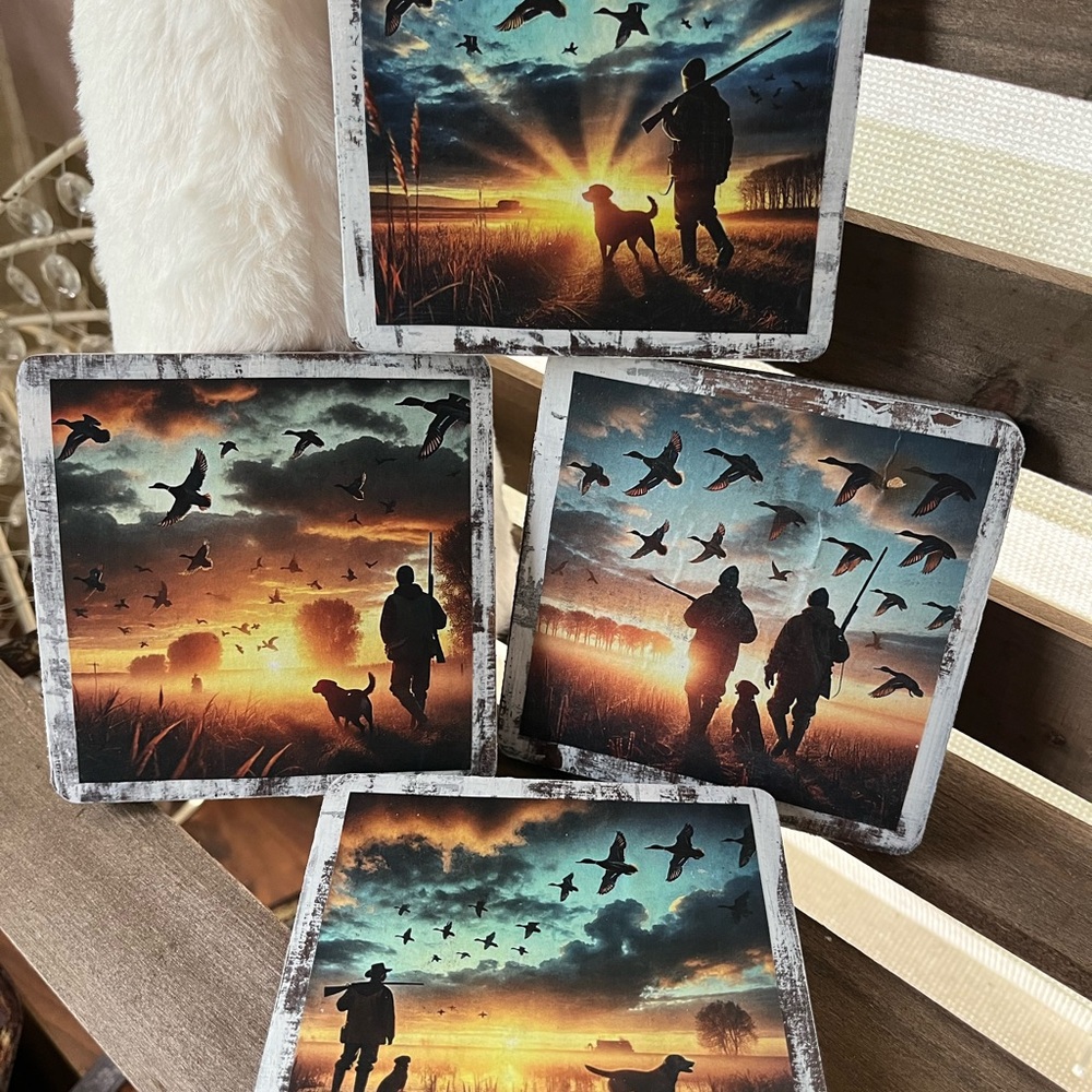 Hand Crafted Sunset duck hunting Silhouette Coasters - Multicolor